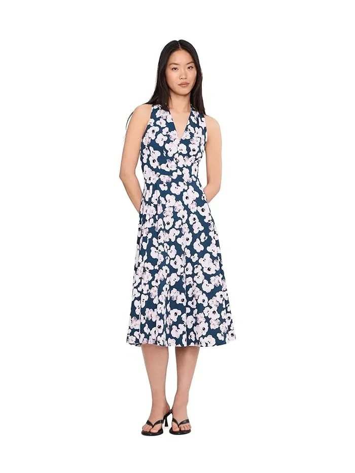 Платье с цветочным принтом Sleeveless Floral Scuba Crepe V-Neck Aline Calvin Klein — изображение 2 из 5, индиго мульти