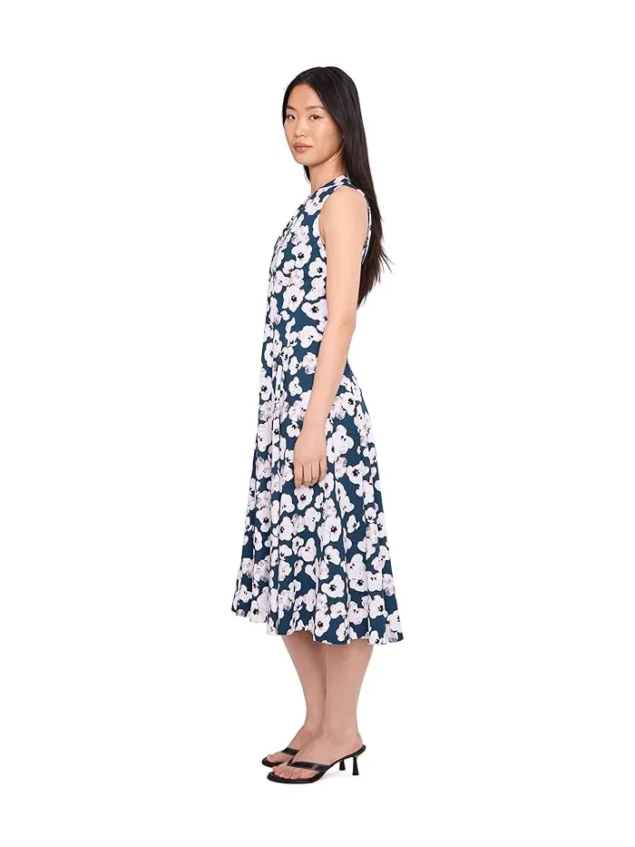 Платье с цветочным принтом Sleeveless Floral Scuba Crepe V-Neck Aline Calvin Klein — изображение 3 из 5, индиго мульти