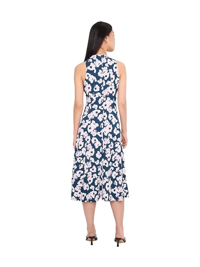 Платье с цветочным принтом Sleeveless Floral Scuba Crepe V-Neck Aline Calvin Klein — изображение 4 из 5, индиго мульти