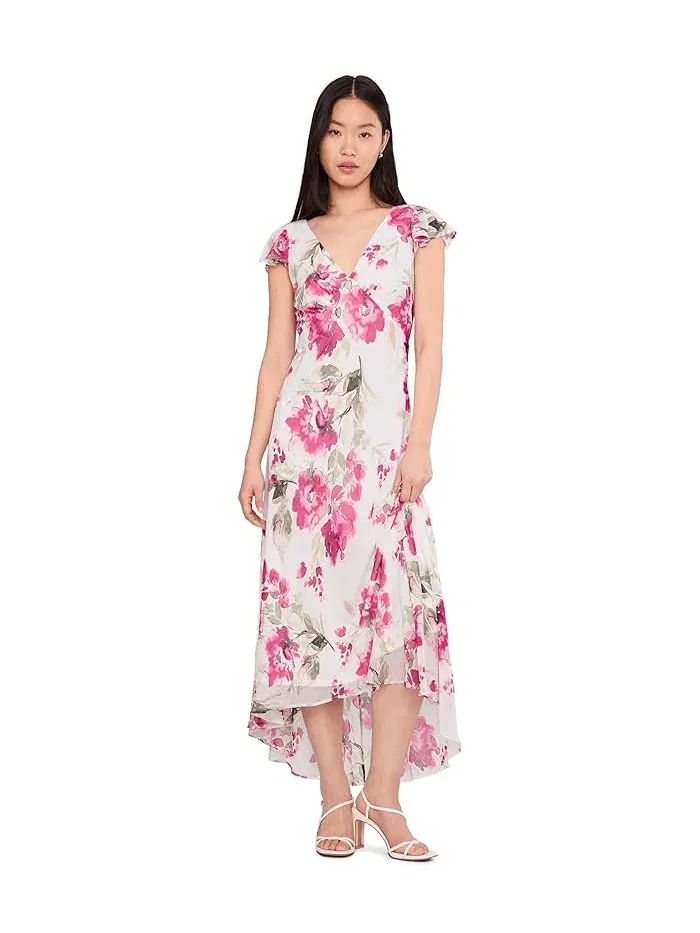 Платье миди с цветочным принтом Flutter Sleeve Chiffon Floral Aline Midi Calvin Klein — изображение 2 из 5, розовый мульти