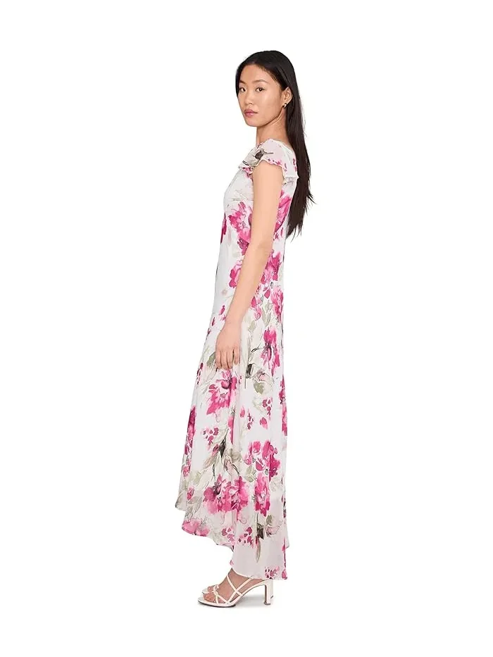 Платье миди с цветочным принтом Flutter Sleeve Chiffon Floral Aline Midi Calvin Klein — изображение 3 из 5, розовый мульти