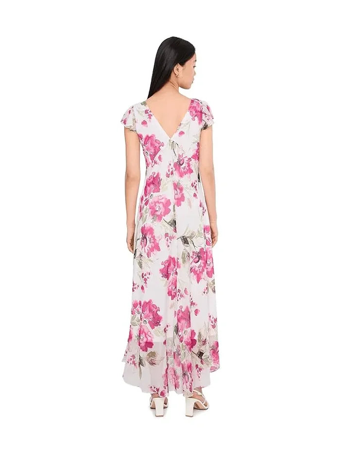 Платье миди с цветочным принтом Flutter Sleeve Chiffon Floral Aline Midi Calvin Klein — изображение 4 из 5, розовый мульти