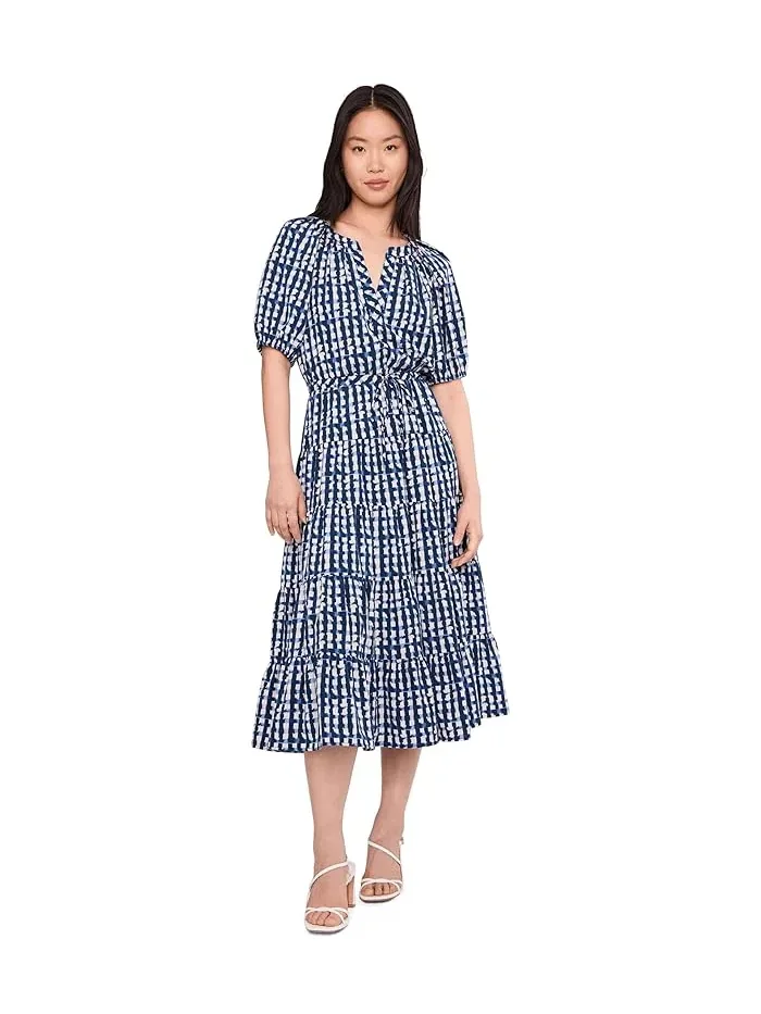 Платье макси с геометрическим принтом Puff Sleeve Commuter Tiered Calvin Klein — изображение 1 из 5, индиго бежевый мульти