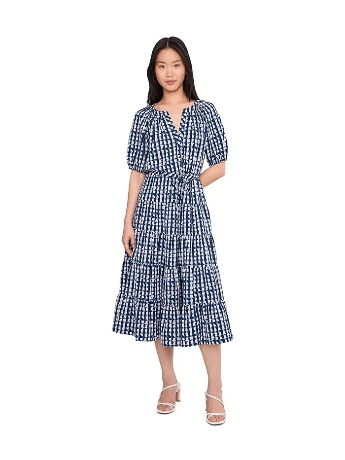 Платье макси с геометрическим принтом Puff Sleeve Commuter Tiered Calvin Klein — изображение 2 из 5, индиго бежевый мульти