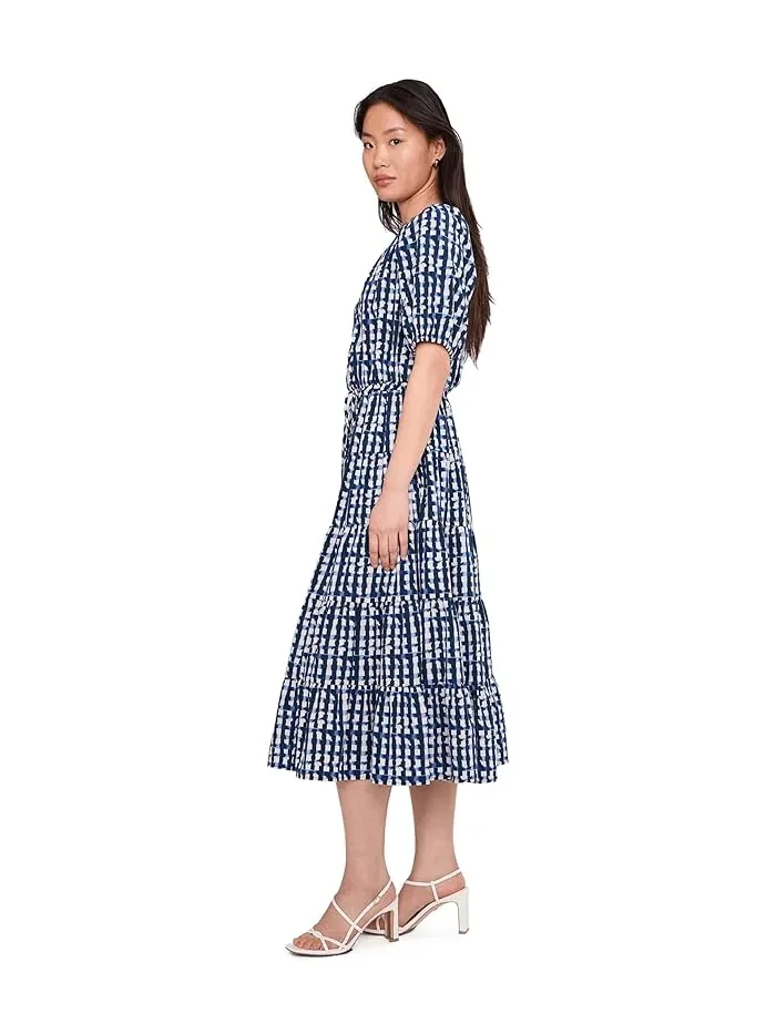 Платье макси с геометрическим принтом Puff Sleeve Commuter Tiered Calvin Klein — изображение 3 из 5, индиго бежевый мульти