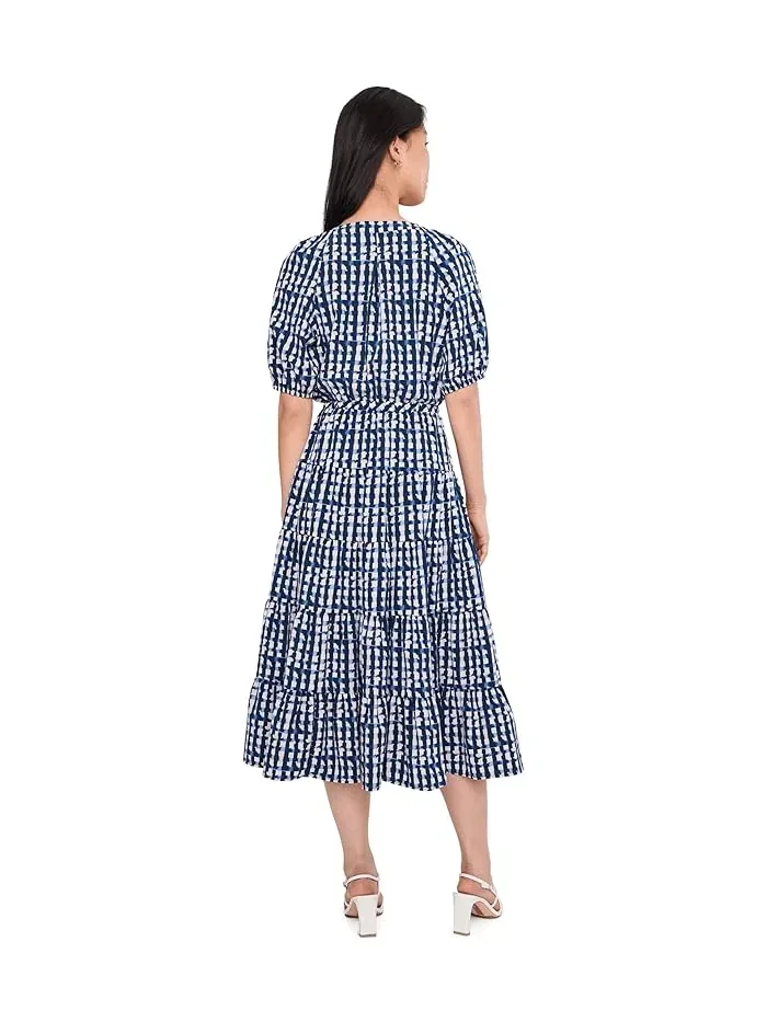 Платье макси с геометрическим принтом Puff Sleeve Commuter Tiered Calvin Klein — изображение 4 из 5, индиго бежевый мульти