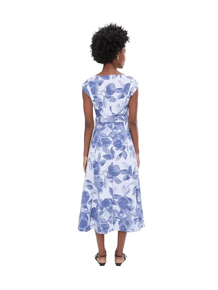 Платье-трапеция с цветочным принтом Sleeveless Floral Scuba Belted Aline Calvin Klein — изображение 4 из 5, мульти