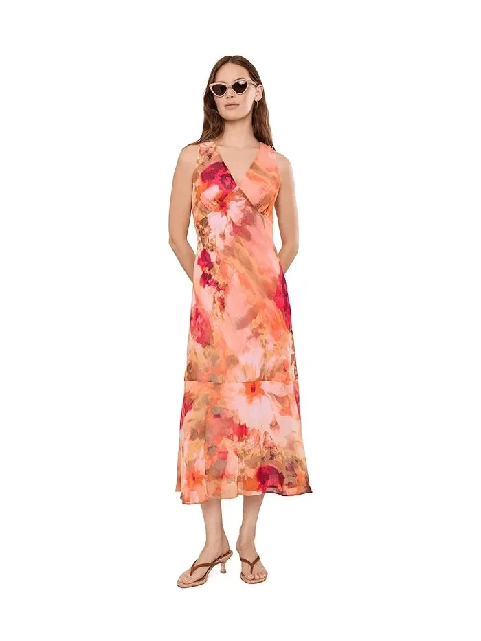 Платье с цветочным принтом Sleeveless Floral Chiffon Ruffle Hem Calvin Klein — изображение 2 из 5, хаки