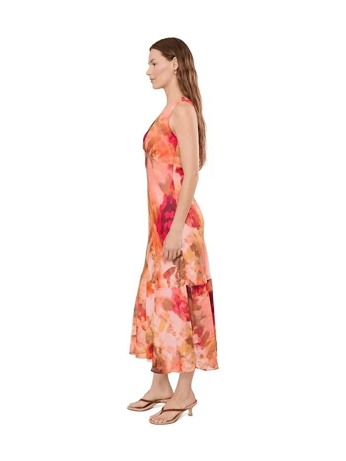 Платье с цветочным принтом Sleeveless Floral Chiffon Ruffle Hem Calvin Klein — изображение 3 из 5, хаки