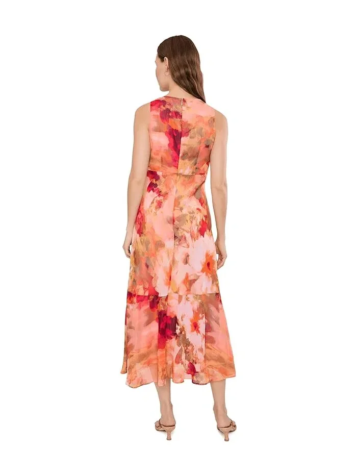 Платье с цветочным принтом Sleeveless Floral Chiffon Ruffle Hem Calvin Klein — изображение 4 из 5, хаки