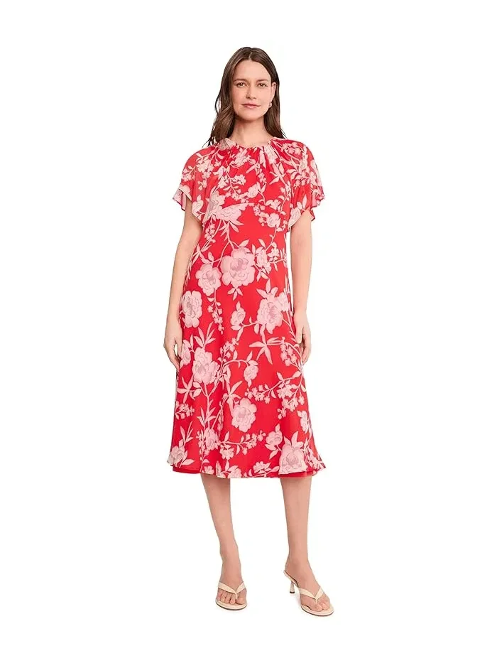 Платье миди с цветочным принтом Floral Chiffon Flutter Sleeve Midi Calvin Klein — изображение 1 из 5, мульти