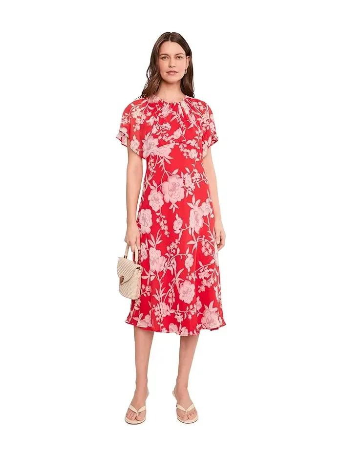 Платье миди с цветочным принтом Floral Chiffon Flutter Sleeve Midi Calvin Klein — изображение 2 из 5, мульти