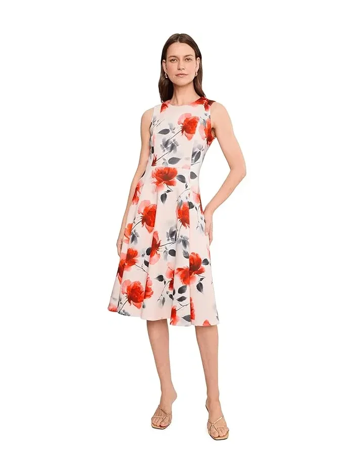 Платье А-силуэта с цветочным принтом Sleeveless Scuba Floral A-Line Calvin Klein — изображение 2 из 5, индиго мульти