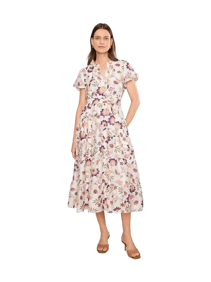 Платье миди с цветочным принтом Notch Neck Midi With Puff Sleeves Vince Camuto — изображение 1 из 5, насыщенный черный