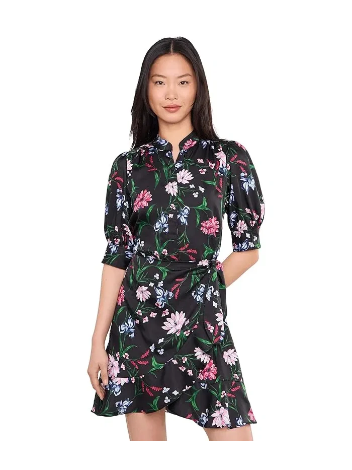 Платье с запахом с рюшами Open Collar Short Sleeve Ruffle Wrap Dress CeCe — изображение 1 из 5, насыщенный черный