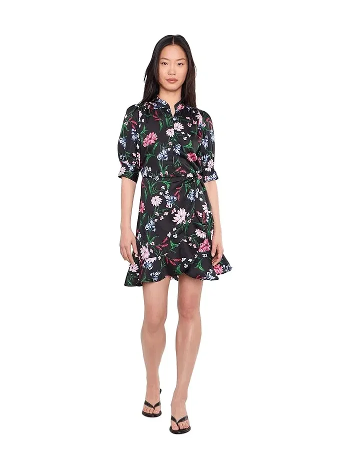 Платье с запахом с рюшами Open Collar Short Sleeve Ruffle Wrap Dress CeCe — изображение 2 из 5, насыщенный черный