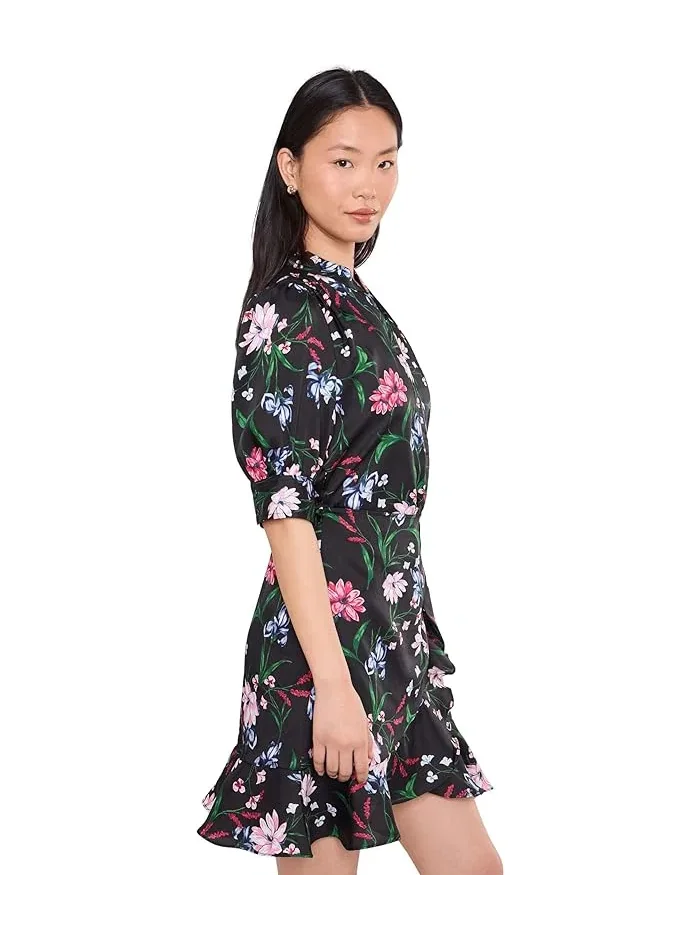 Платье с запахом с рюшами Open Collar Short Sleeve Ruffle Wrap Dress CeCe — изображение 3 из 5, насыщенный черный