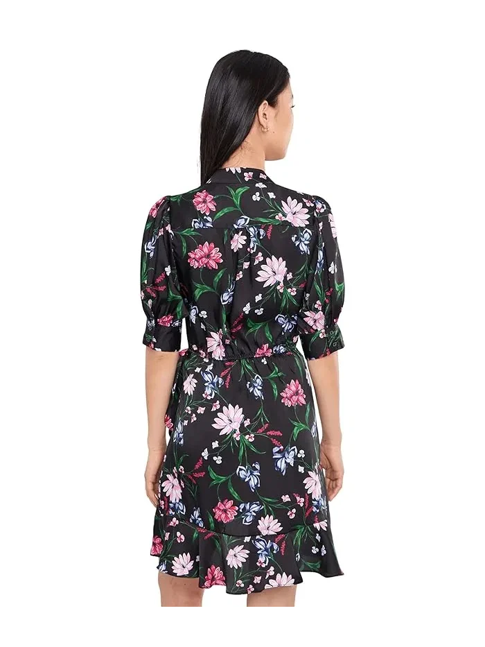 Платье с запахом с рюшами Open Collar Short Sleeve Ruffle Wrap Dress CeCe — изображение 4 из 5, насыщенный черный