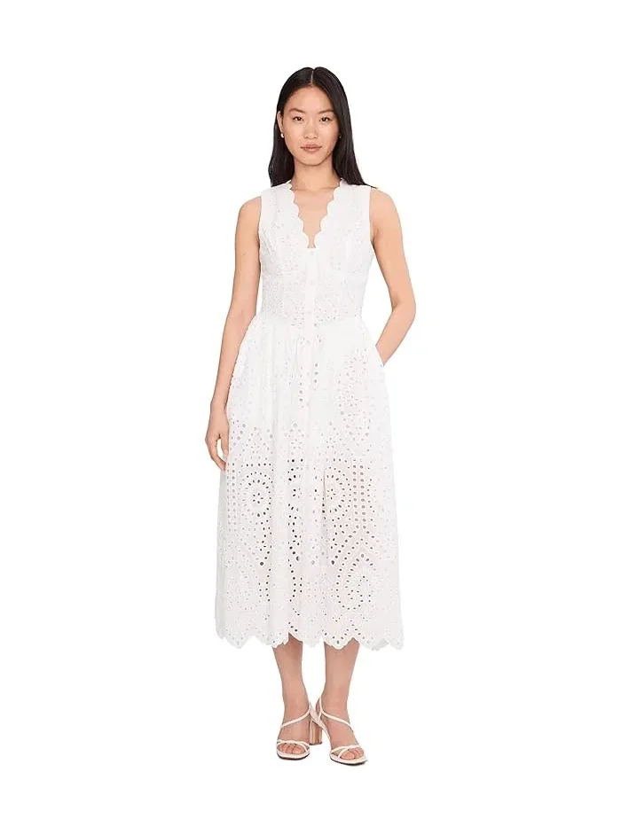 Платье миди с кружевным воротником Scallop Neck Edge Button-Up Midi Dress Avec Les Filles — бежевый