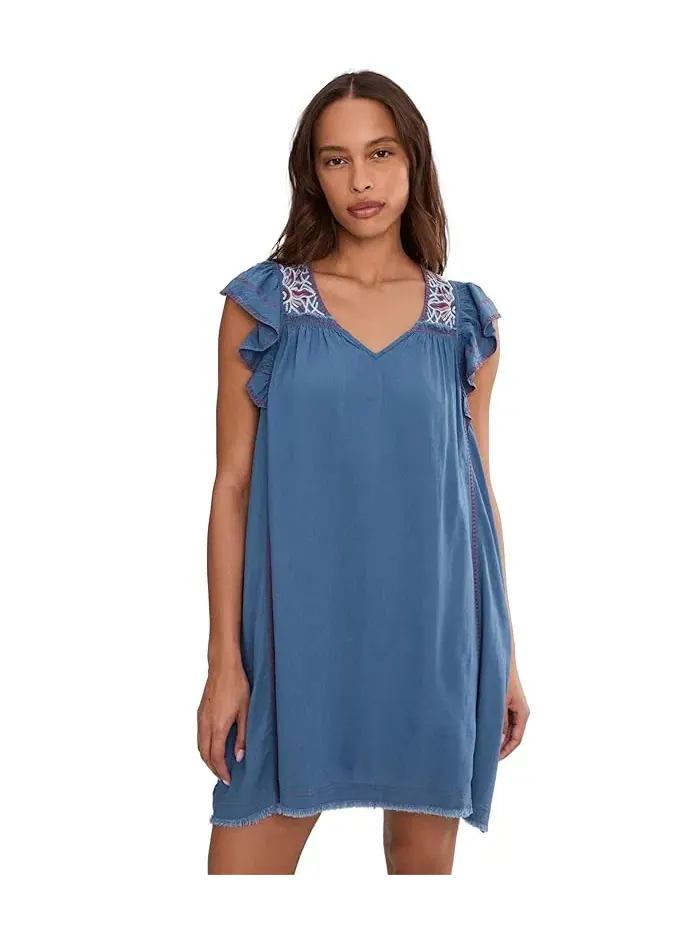 Платье с вышивкой Flutter Sleeve V-Neck Woven Dress Liverpool Los Angeles — изображение 1 из 5, синий