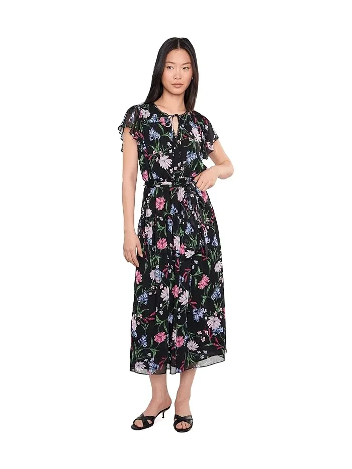 Платье миди с цветочным принтом Ruffle Short Sleeve Keyhole Tie Waist CeCe — изображение 1 из 5, келли-зеленый