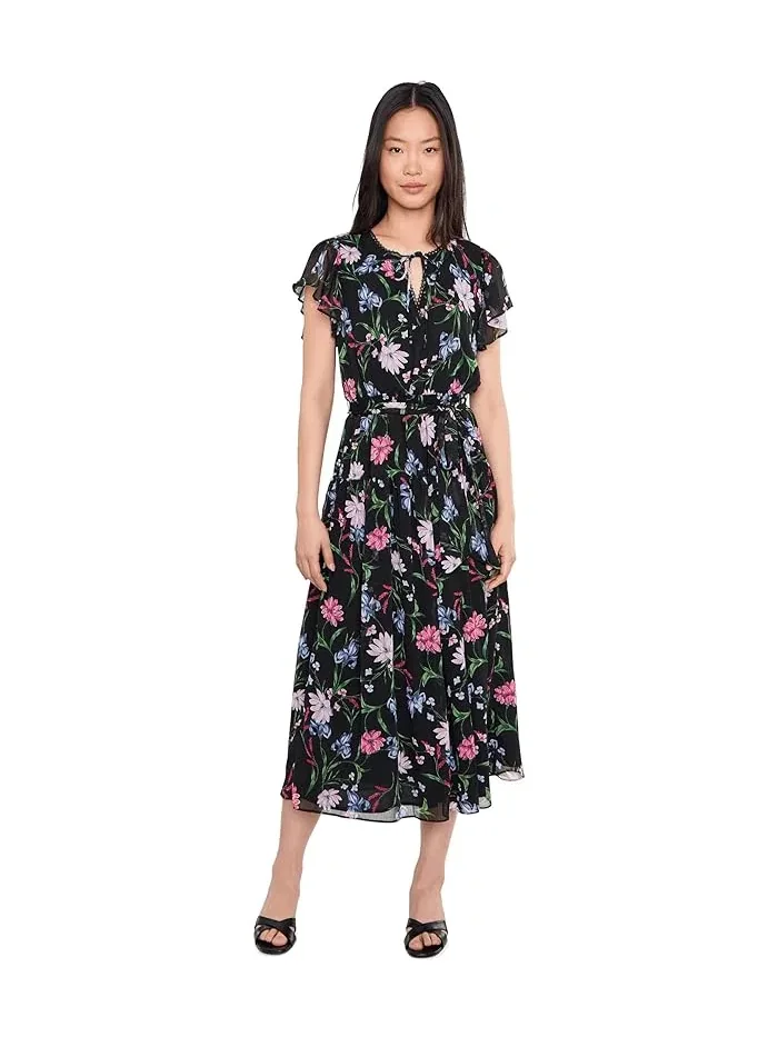 Платье миди с цветочным принтом Ruffle Short Sleeve Keyhole Tie Waist CeCe — изображение 2 из 5, келли-зеленый