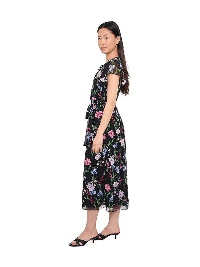 Платье миди с цветочным принтом Ruffle Short Sleeve Keyhole Tie Waist CeCe — изображение 3 из 5, келли-зеленый