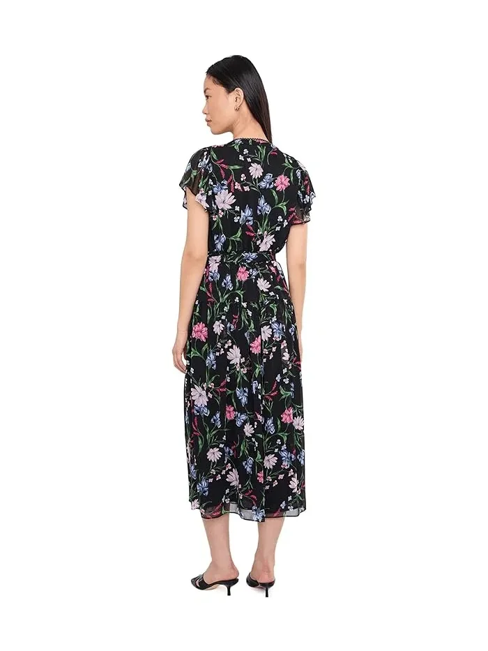 Платье миди с цветочным принтом Ruffle Short Sleeve Keyhole Tie Waist CeCe — изображение 4 из 5, келли-зеленый