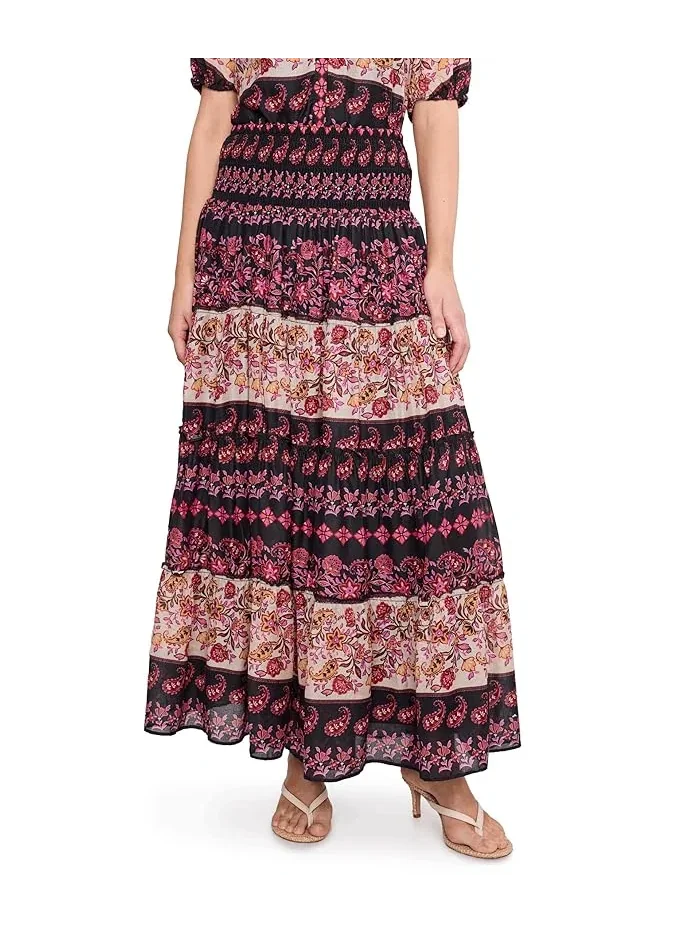 Юбка миди с завышенной талией и воланами Tiered Smocked Waist Midi Skirt CeCe — изображение 1 из 5, насыщенный черный