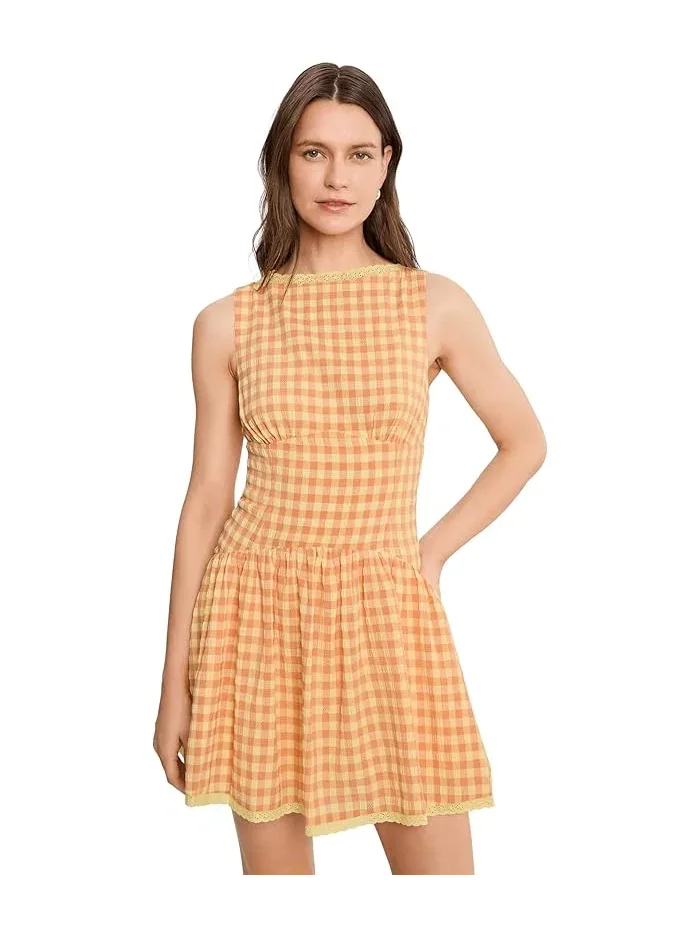 Платье мини хлопковое в клетку Smocked Gingham Cotton Avec Les Filles — изображение 1 из 5, яркий оранжевый
