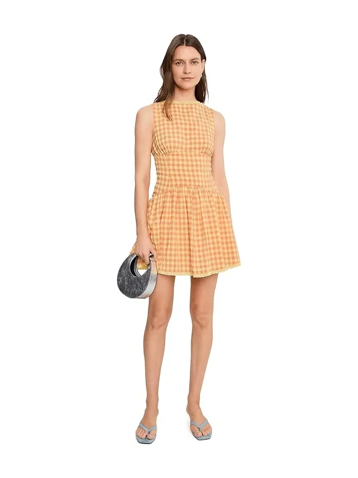 Платье мини хлопковое в клетку Smocked Gingham Cotton Avec Les Filles — изображение 2 из 5, яркий оранжевый