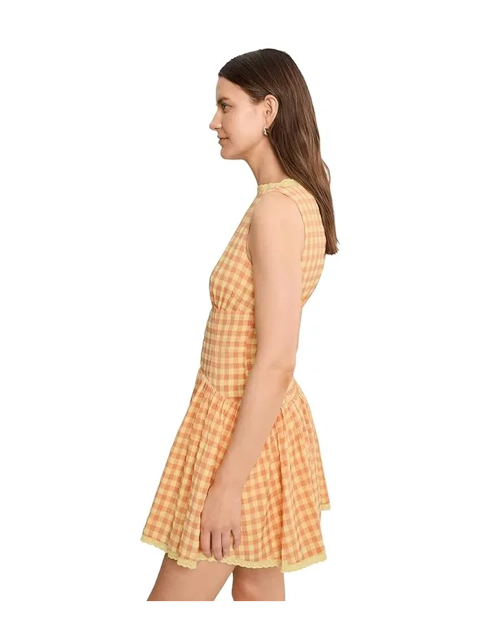 Платье мини хлопковое в клетку Smocked Gingham Cotton Avec Les Filles — изображение 3 из 5, яркий оранжевый