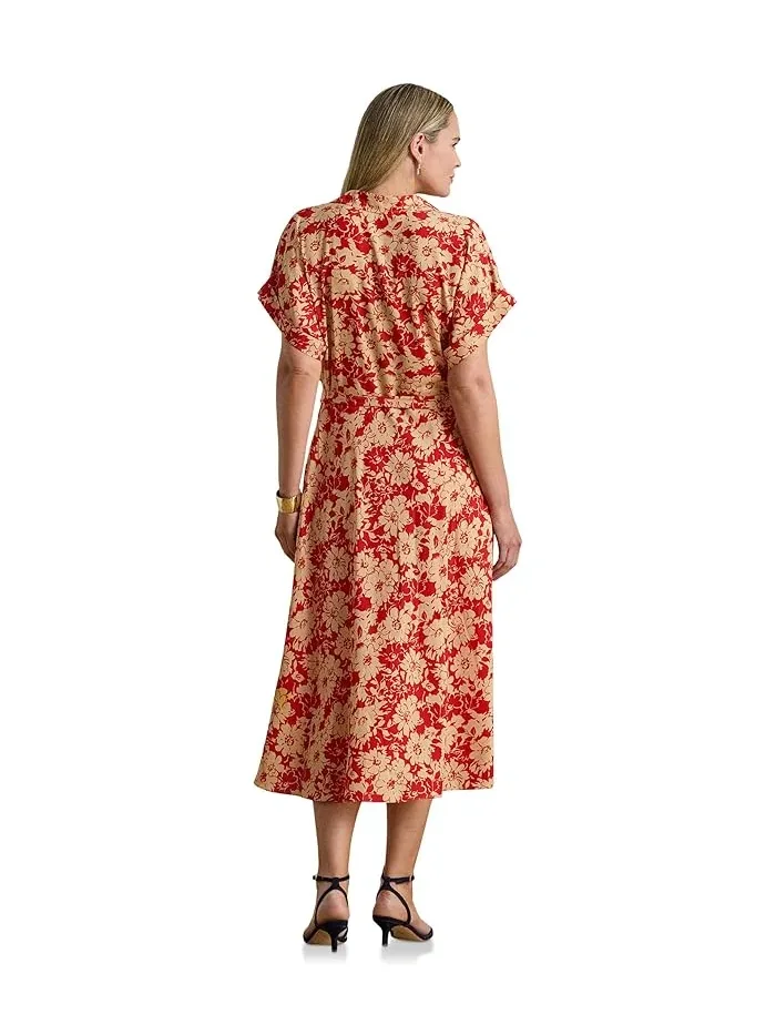 Платье с цветочным принтом Plus Size Floral Belted Crepe Dress Lauren Ralph Lauren — изображение 3 из 4, темно-синий