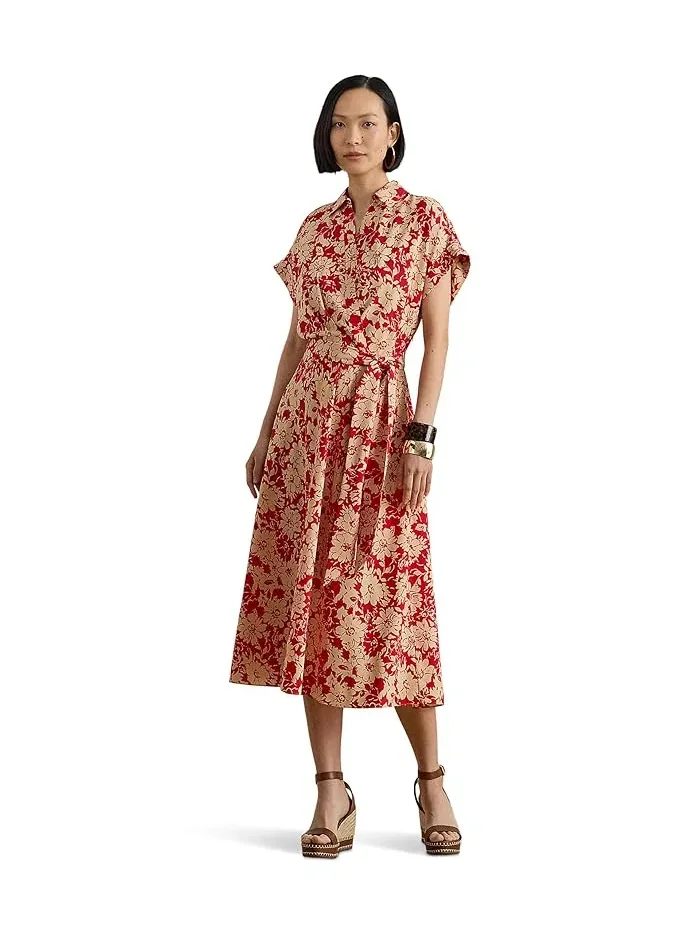 Платье цветочное Floral Belted Crepe Dress Lauren Ralph Lauren — изображение 1 из 4, красный/бежевый