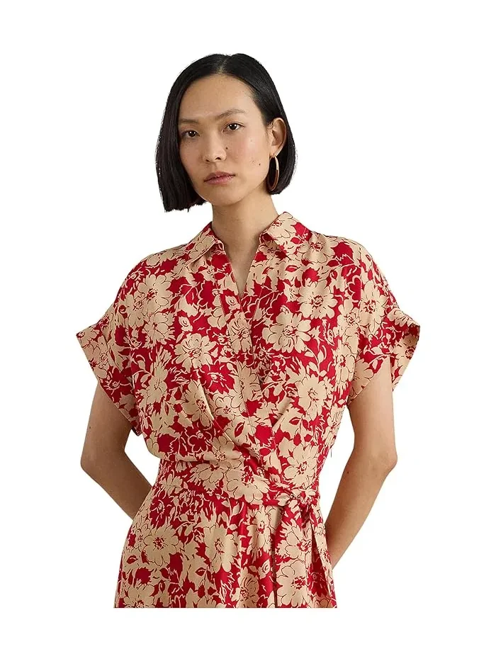 Платье цветочное Floral Belted Crepe Dress Lauren Ralph Lauren — изображение 2 из 4, красный/бежевый