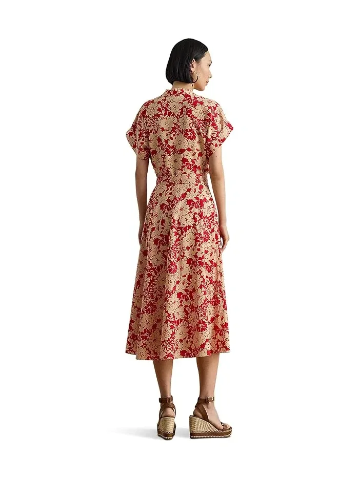 Платье цветочное Floral Belted Crepe Dress Lauren Ralph Lauren — изображение 3 из 4, красный/бежевый