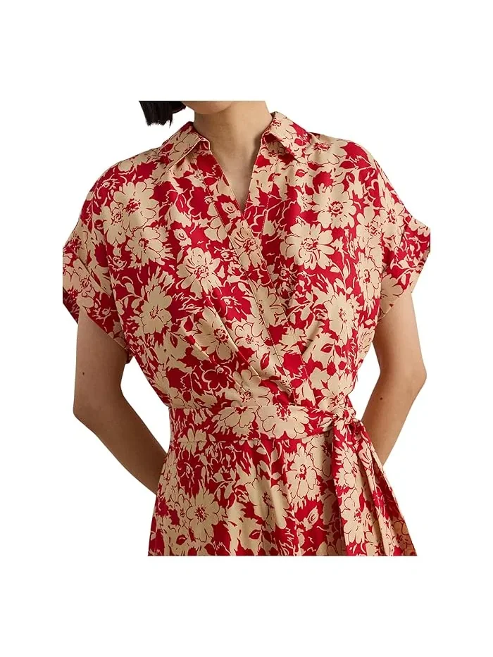 Платье цветочное Floral Belted Crepe Dress Lauren Ralph Lauren — изображение 4 из 4, красный/бежевый