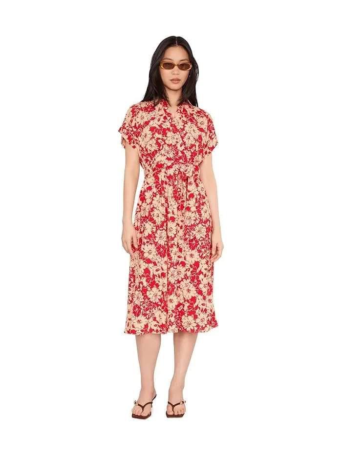 Платье с цветочным принтом Petite Floral Belted Crepe Dress Lauren Ralph Lauren — изображение 2 из 5, красный/бежевый