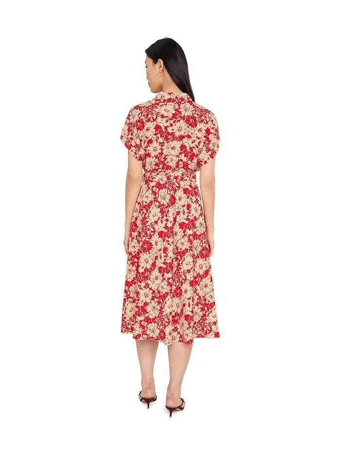 Платье с цветочным принтом Petite Floral Belted Crepe Dress Lauren Ralph Lauren — изображение 4 из 5, красный/бежевый