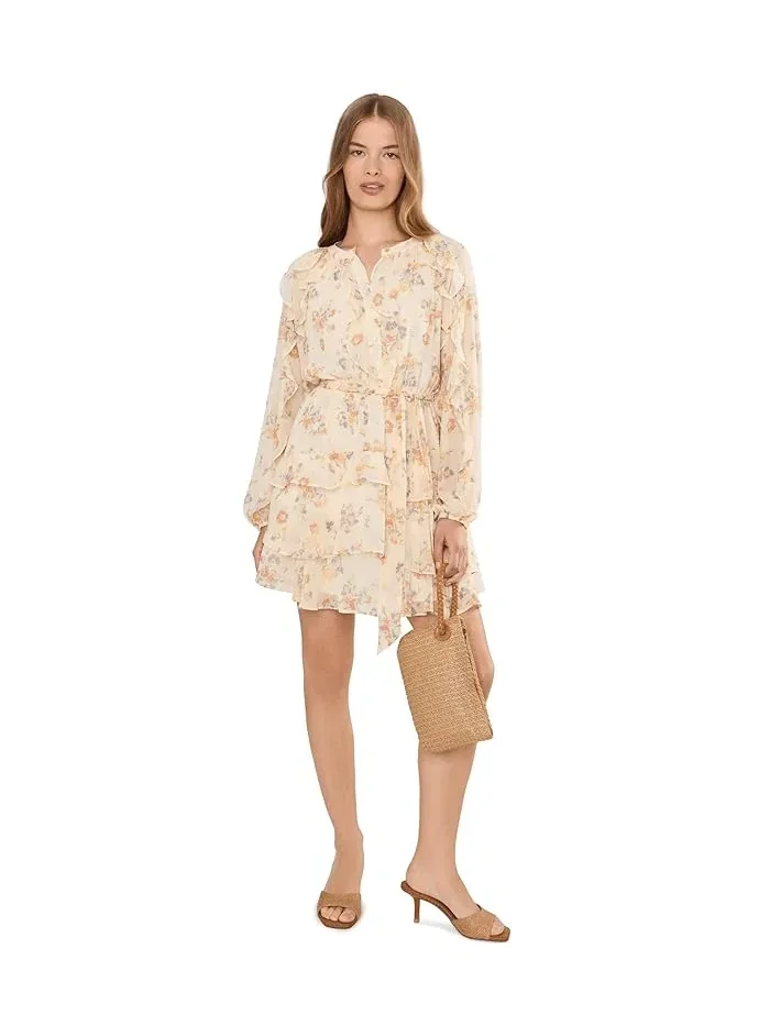 Платье с цветочным принтом рюшами и поясом Petite Floral Ruffle-Trim Tiered Lauren Ralph Lauren — изображение 2 из 5, бежевый