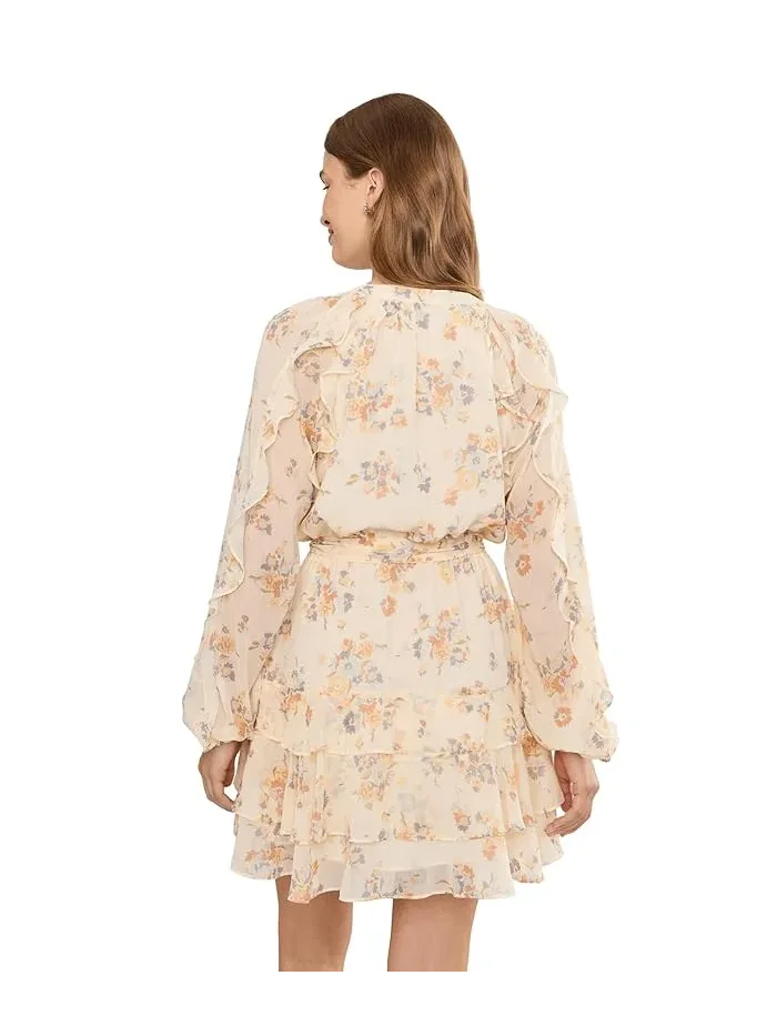 Платье с цветочным принтом рюшами и поясом Petite Floral Ruffle-Trim Tiered Lauren Ralph Lauren — изображение 4 из 5, бежевый