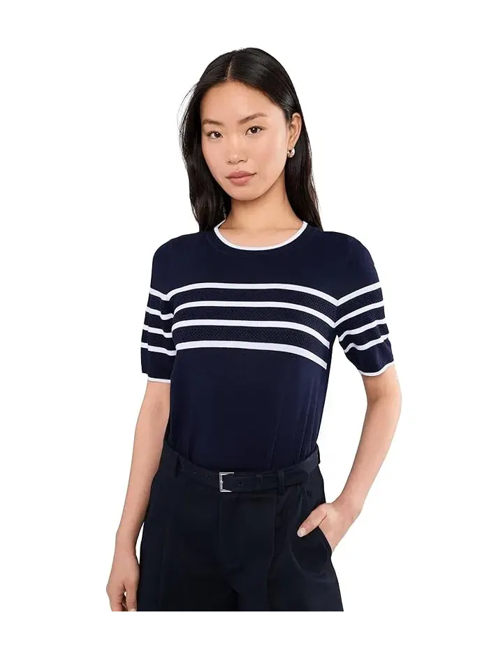Свитер с контрастными полосами Petite Short Sleeve Crew Neck Sweater Liverpool Los Angeles — изображение 1 из 5, оливковый