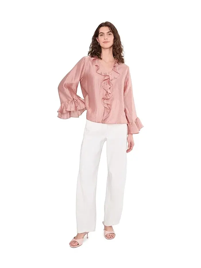 Свитер с рюшами Ruffle Sleeve and Center Front Vince Camuto — изображение 2 из 5, закат коралля