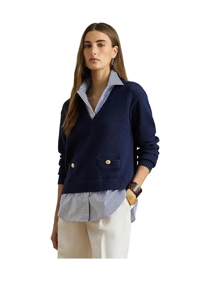 Свитер с пуговицами хлопковый Layered Button-Trim Lauren Ralph Lauren — изображение 1 из 4, темно-синий