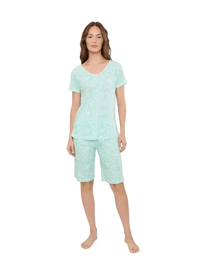 Пижамный комплект с шортами хлопок Short Sleeve Henley Bermuda Shorts Pajama Set Karen Neuburger — розовый