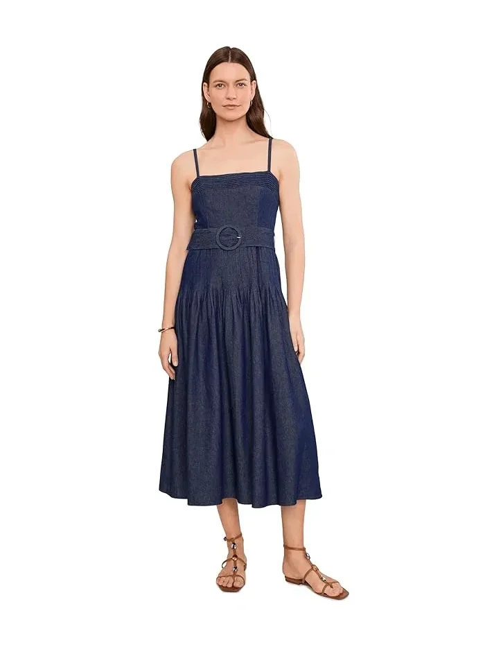 Платье миди джинсовое Pintucked Denim Adrianna Papell — изображение 1 из 5, темный джинсовый синий