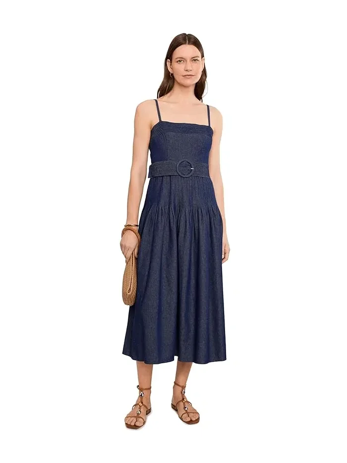 Платье миди джинсовое Pintucked Denim Adrianna Papell — изображение 2 из 5, темный джинсовый синий