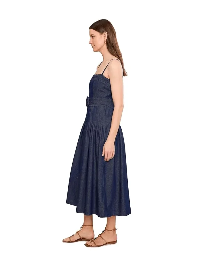 Платье миди джинсовое Pintucked Denim Adrianna Papell — изображение 3 из 5, темный джинсовый синий