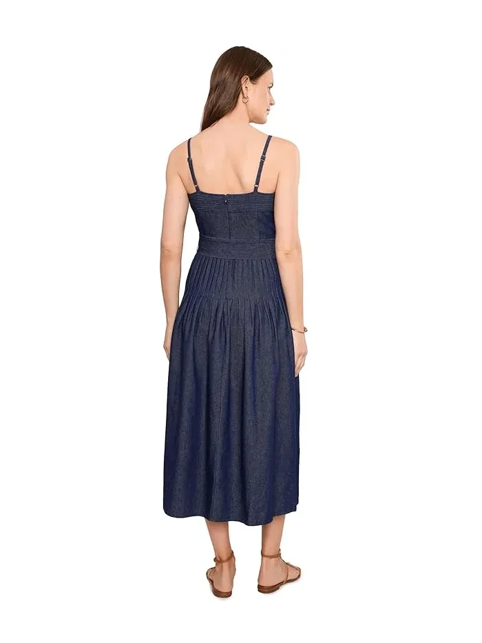 Платье миди джинсовое Pintucked Denim Adrianna Papell — изображение 4 из 5, темный джинсовый синий