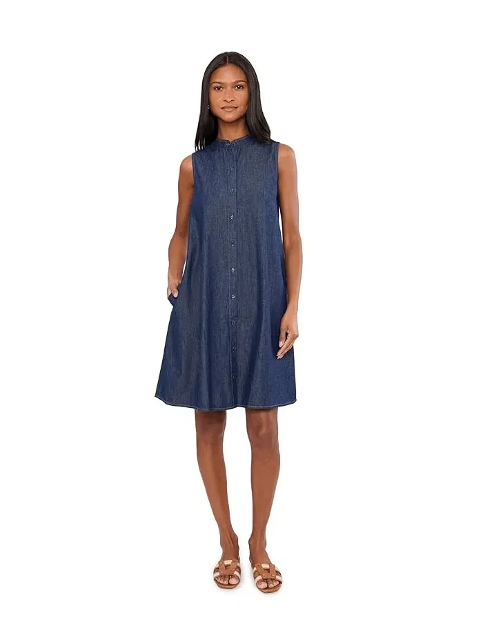 Платье джинсовое из органического хлопка Mandarin Collar Dress Eileen Fisher — изображение 1 из 5, темный индиго